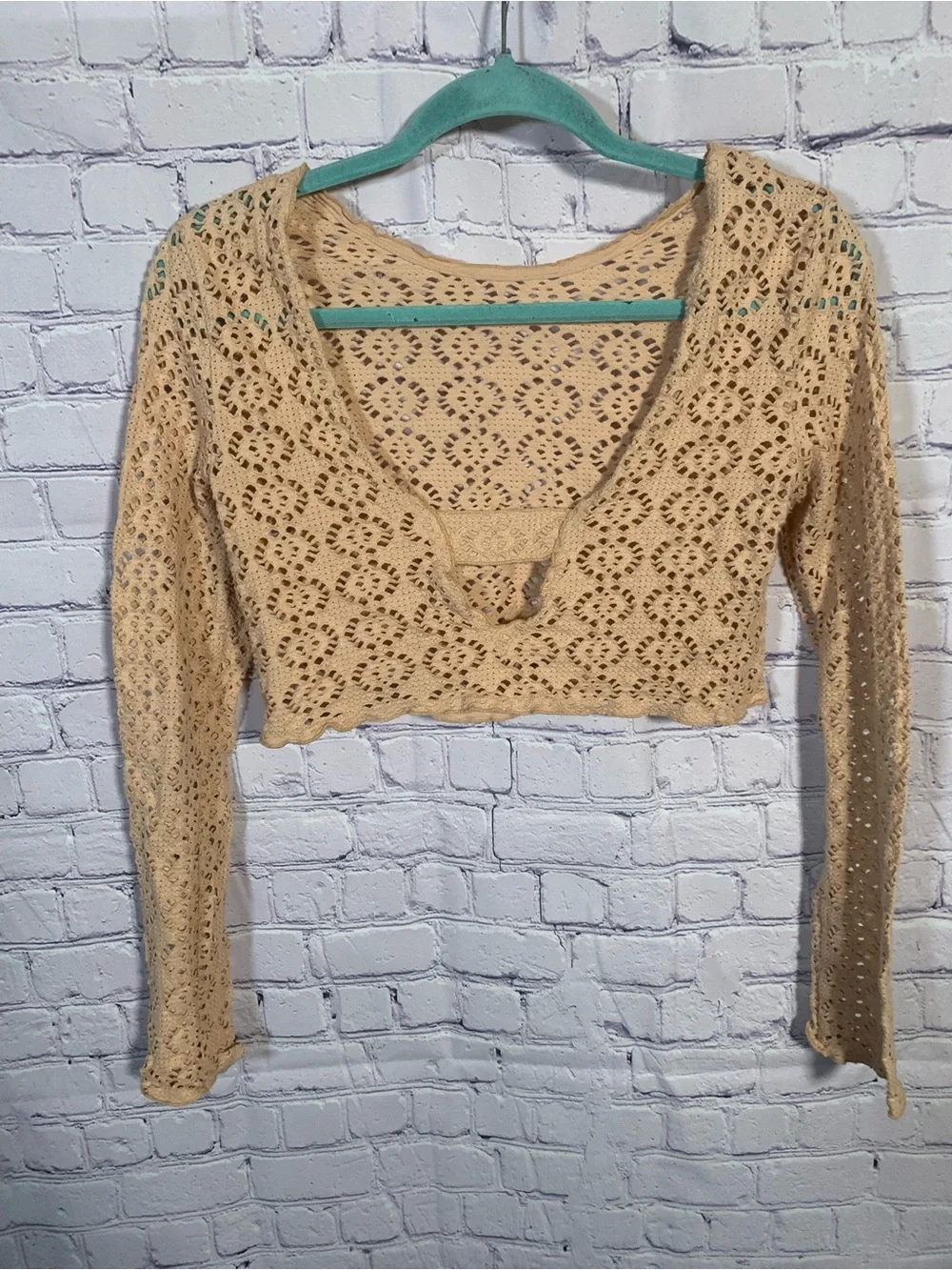 Free People Beach Womens Eyelet Long Sleeve Crop Top Tan Size XS Beach Vacation